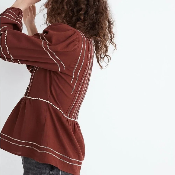 MADEWELL‎ Embroidered Faux Wrap Top in Rusted Burgundy - Picture 3 of 7
